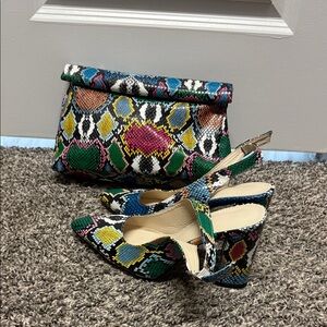 Multicolor Snakeskin Pattern Clutch and Heels Set